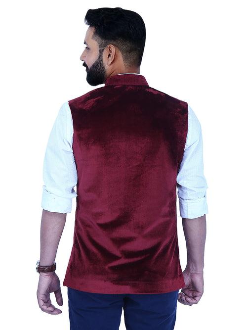 Wine Velvet Nehru Jacket for Men