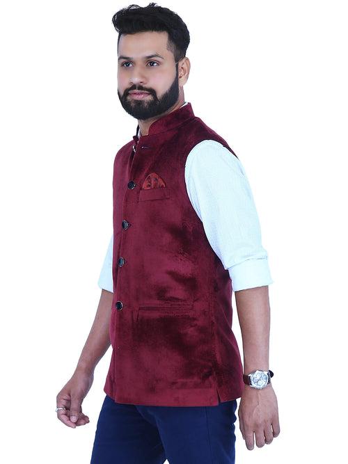 Wine Velvet Nehru Jacket for Men