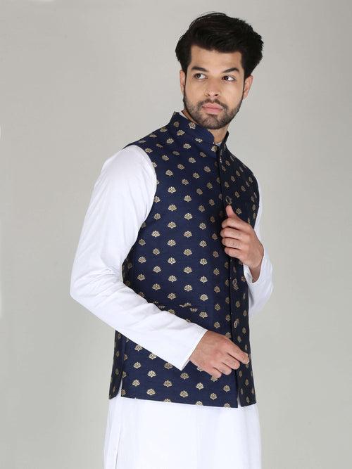 Navy Banarasi Nehru Jackets