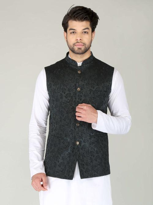 Dark Green Self Roots Nehru Jacket