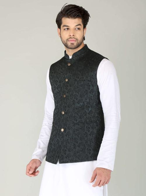 Dark Green Self Roots Nehru Jacket