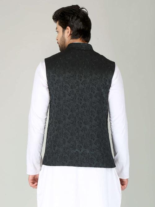 Dark Green Self Roots Nehru Jacket