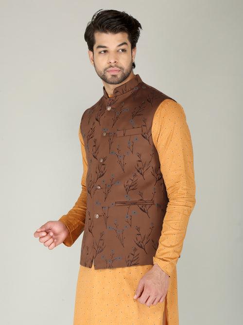 Brown Flower Nehru Jacket