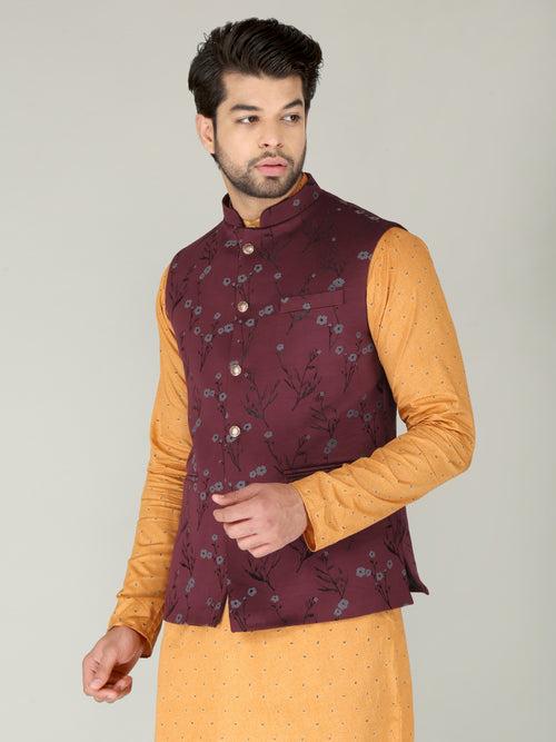 Maroon Floral Printed Nehru Jacket