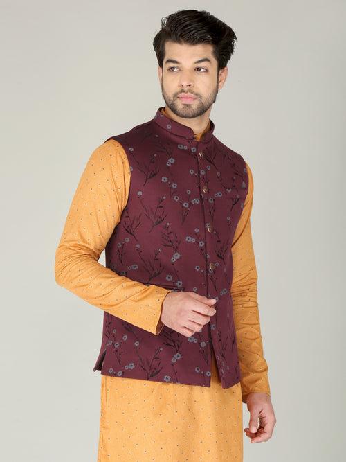 Maroon Floral Printed Nehru Jacket