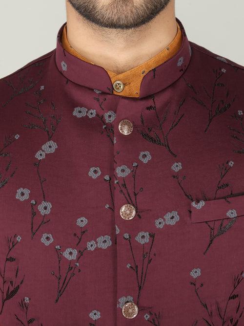 Maroon Floral Printed Nehru Jacket