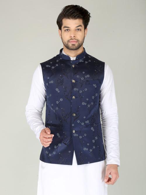 Navy Floral Printed Nehru Jacket