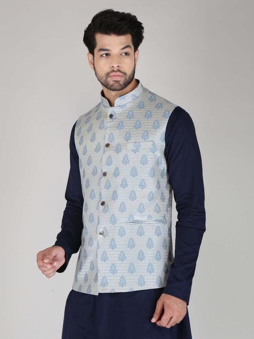 Grey Sky Jacquard Nehru Jackets