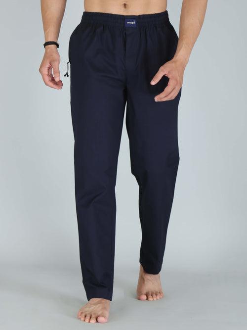 Navy Blue Solid Pure Cotton Pajamas For Men