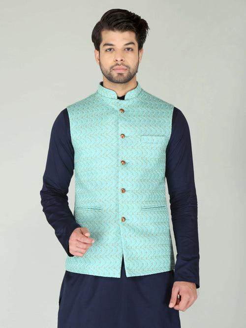 Sea Green Zig-Zag Ethnic Nehru Jacket