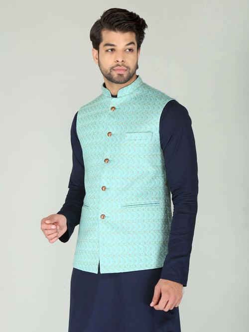 Sea Green Zig-Zag Ethnic Nehru Jacket