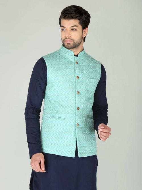 Sea Green Zig-Zag Ethnic Nehru Jacket