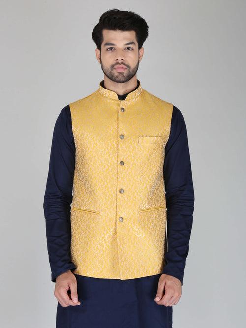 Yellow Bel Jacquard Nehru Jacket