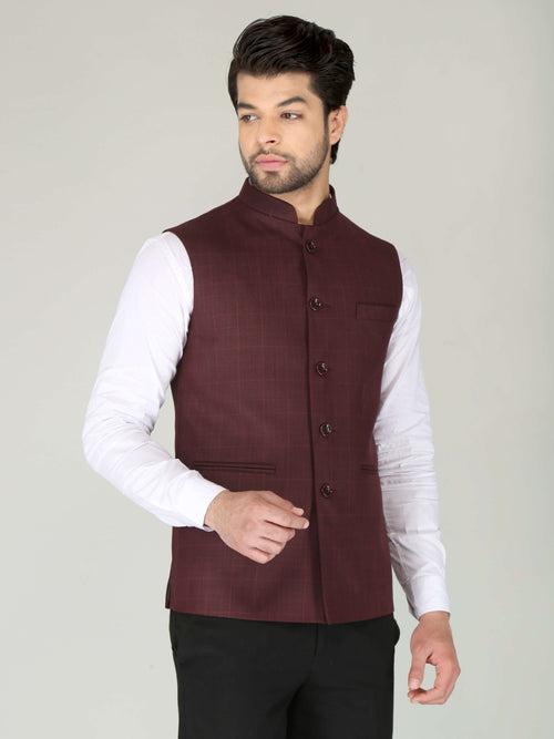 Maroon Self Checks Formal Nehru Jackets