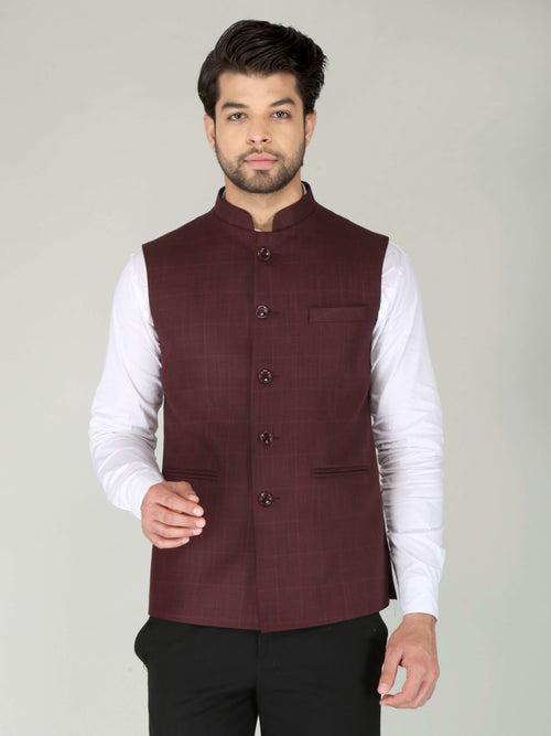 Maroon Self Checks Formal Nehru Jackets