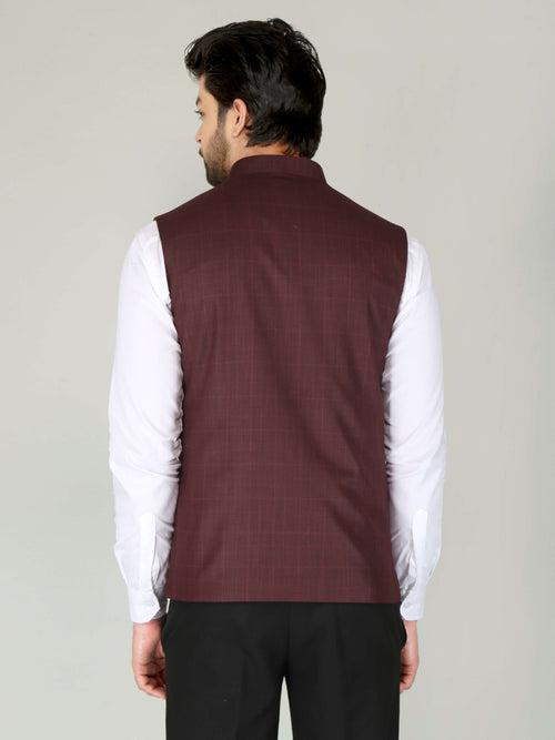 Maroon Self Checks Formal Nehru Jackets