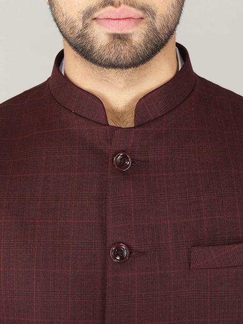 Maroon Self Checks Formal Nehru Jackets