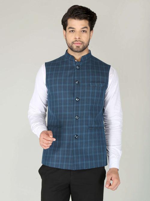 Navy Blue Checks Formal Nehru Jacket