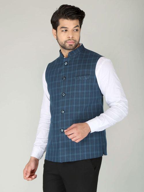 Navy Blue Checks Formal Nehru Jacket