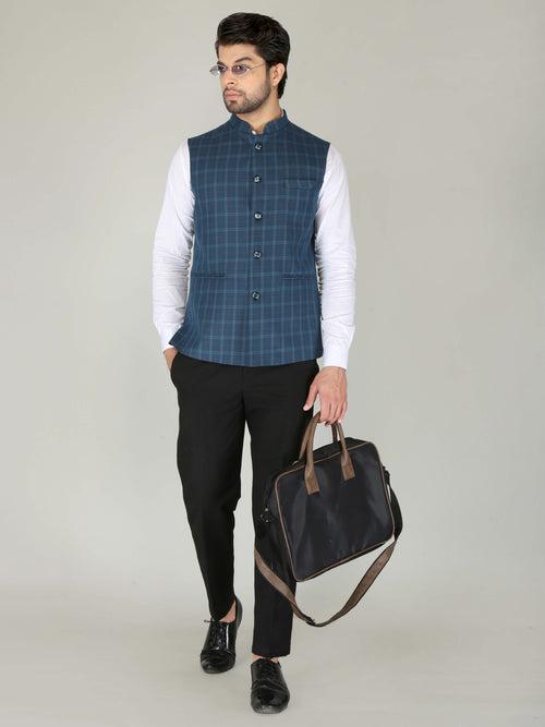 Navy Blue Checks Formal Nehru Jacket