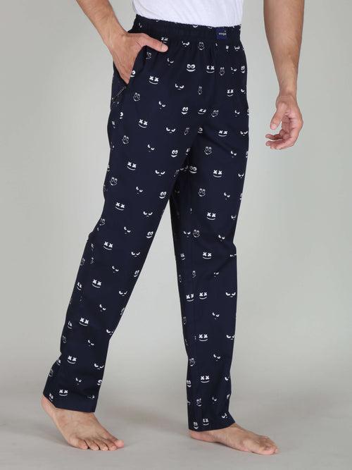 Navy Funky Cool Face Printed Cotton Pajamas For Men