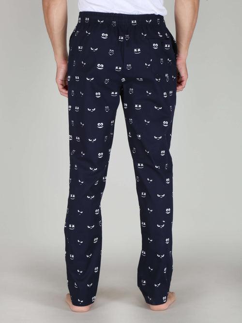 Navy Funky Cool Face Printed Cotton Pajamas For Men