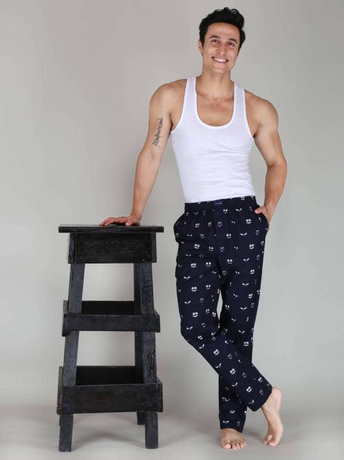 Navy Funky Cool Face Printed Cotton Pajamas For Men