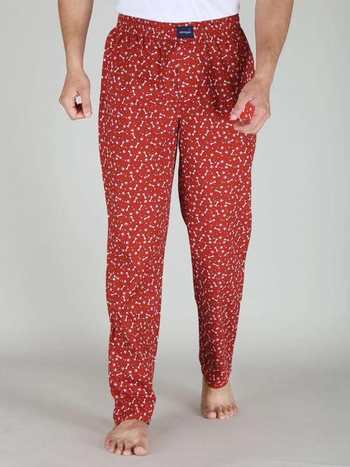 Red Bone Printed Cotton Pajamas For Men