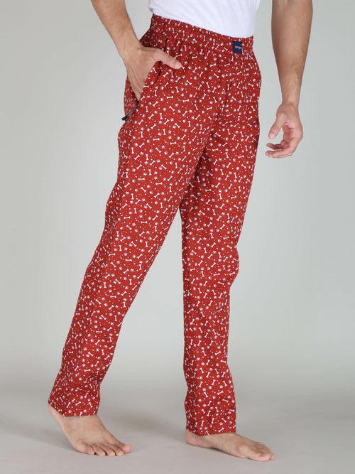 Red Bone Printed Cotton Pajamas For Men