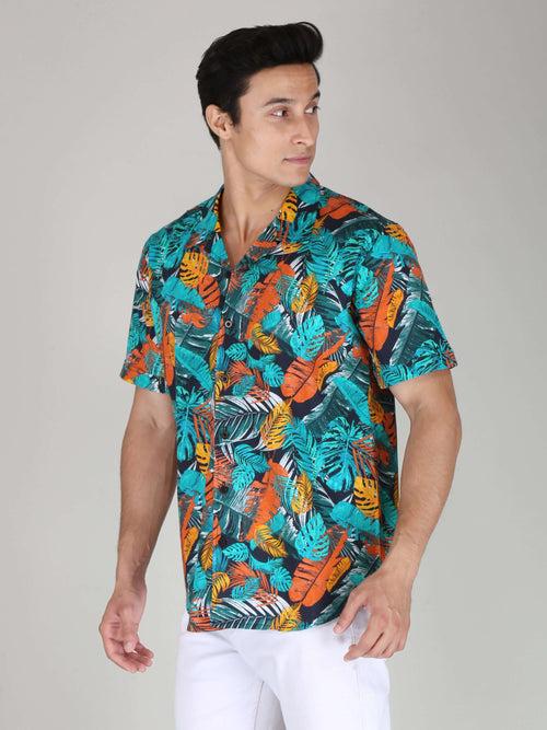 Green Orange Leaf Printed Pure Cotton Shirts for Men