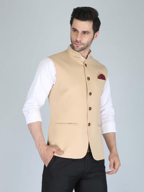 Beige Self Nehru Jacket