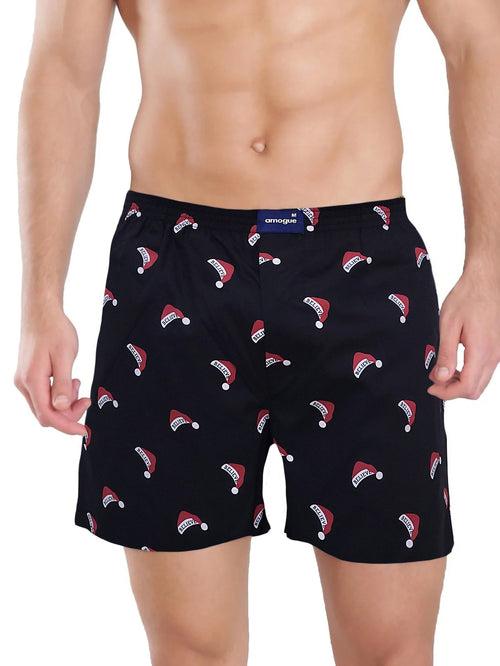 Black Christmas Cap Printed Cotton Boxer Shorts For Men