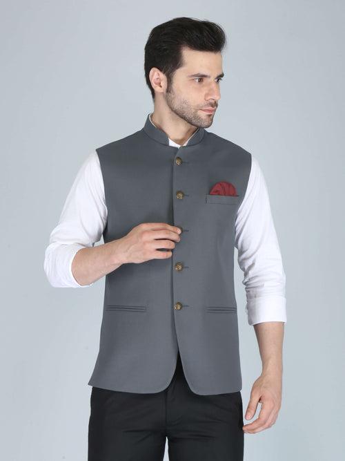 Charcoal Grey Self Nehru Jacket