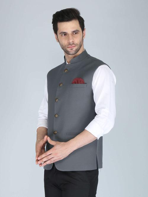 Charcoal Grey Self Nehru Jacket