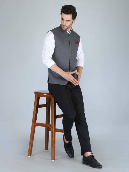 Charcoal Grey Self Nehru Jacket