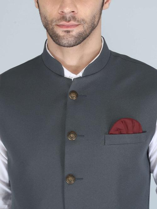 Charcoal Grey Self Nehru Jacket