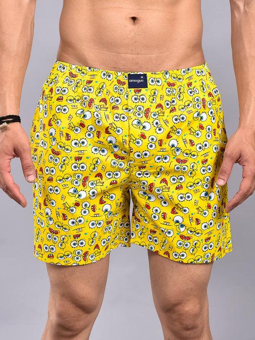 Yellow Spongebob Printed Cotton Boxer Shorts For Men