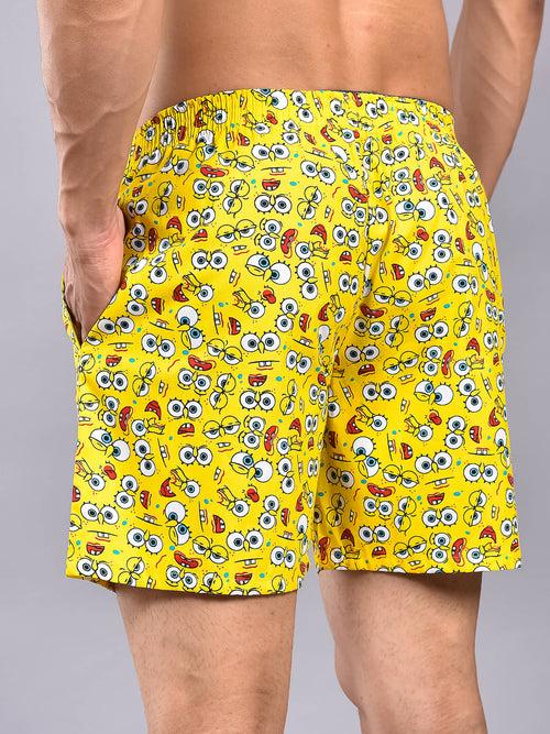 Yellow Spongebob Printed Cotton Boxer Shorts For Men