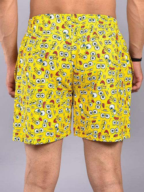 Yellow Spongebob Printed Cotton Boxer Shorts For Men