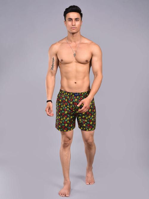 Black Weed Printed Cotton Boxer Shorts For Men