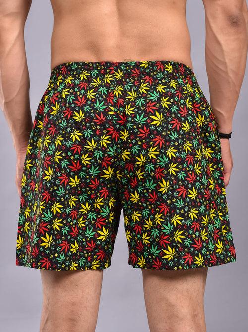 Black Weed Printed Cotton Boxer Shorts For Men