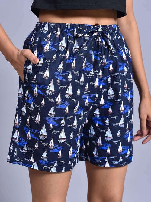 Navy Boat Printed Cotton Boxers for Women