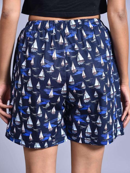 Navy Boat Printed Cotton Boxers for Women