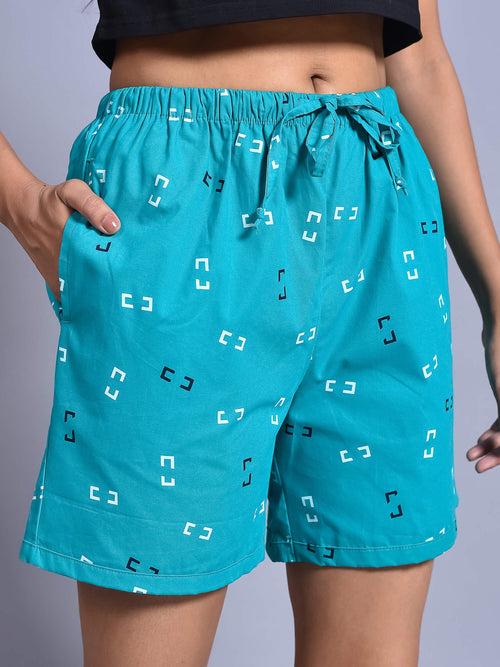 Sea Green Rectangular Printed Cotton Boxers for Women