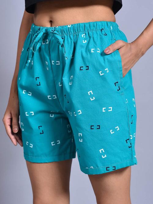 Sea Green Rectangular Printed Cotton Boxers for Women