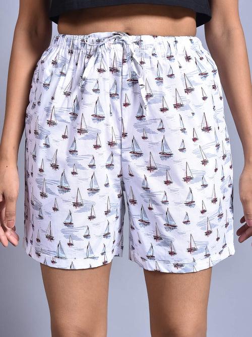 White Boat Printed Cotton Boxers for Women