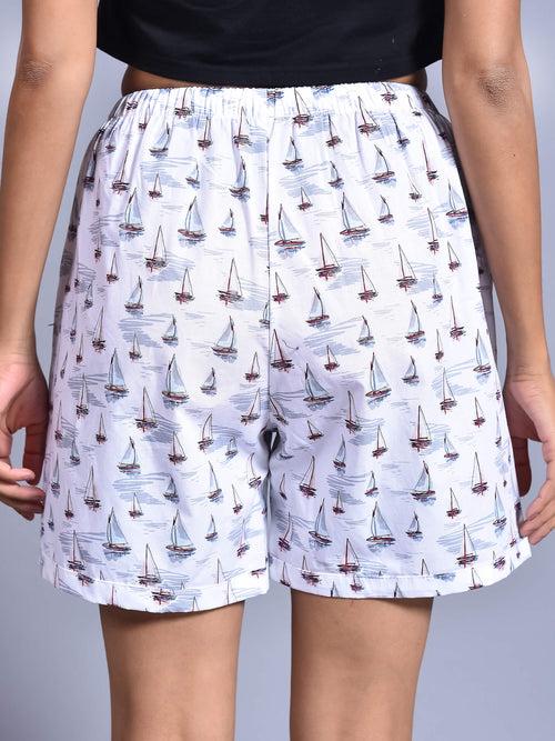 White Boat Printed Cotton Boxers for Women