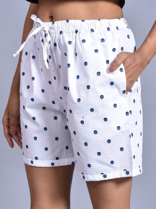 White Navy Dot Printed Cotton Boxers for Women