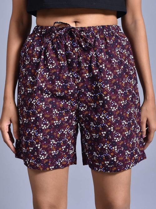 Wine Flower Printed Cotton Boxers for Women