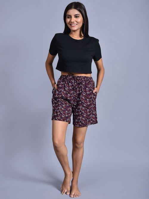 Wine Flower Printed Cotton Boxers for Women